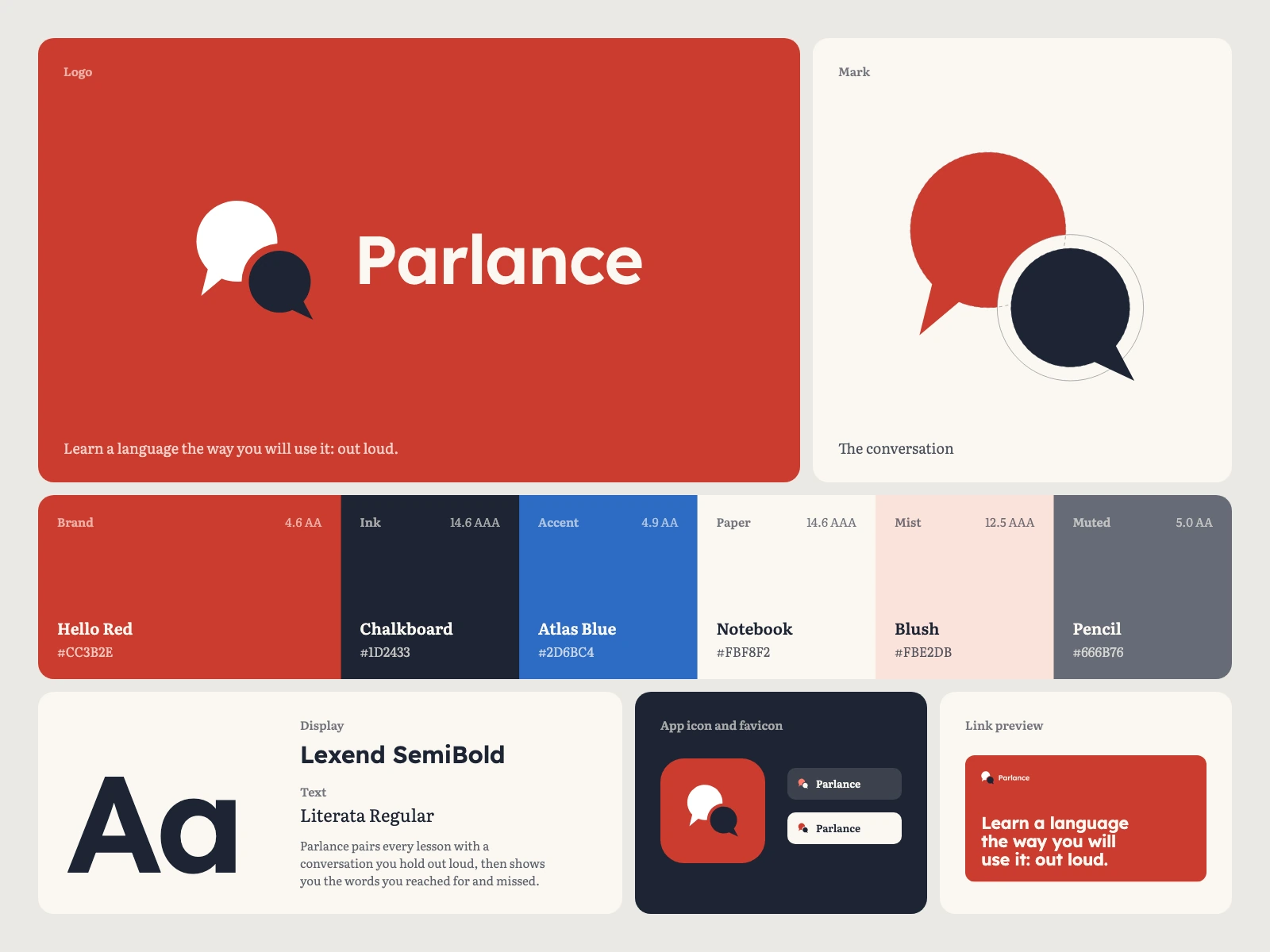 Parlance, a brand kit for language learning: A conversation: two speech bubbles facing each other, the nearer cut clear of the other by a gap along its rim; its palette, type pair, app icon and link preview