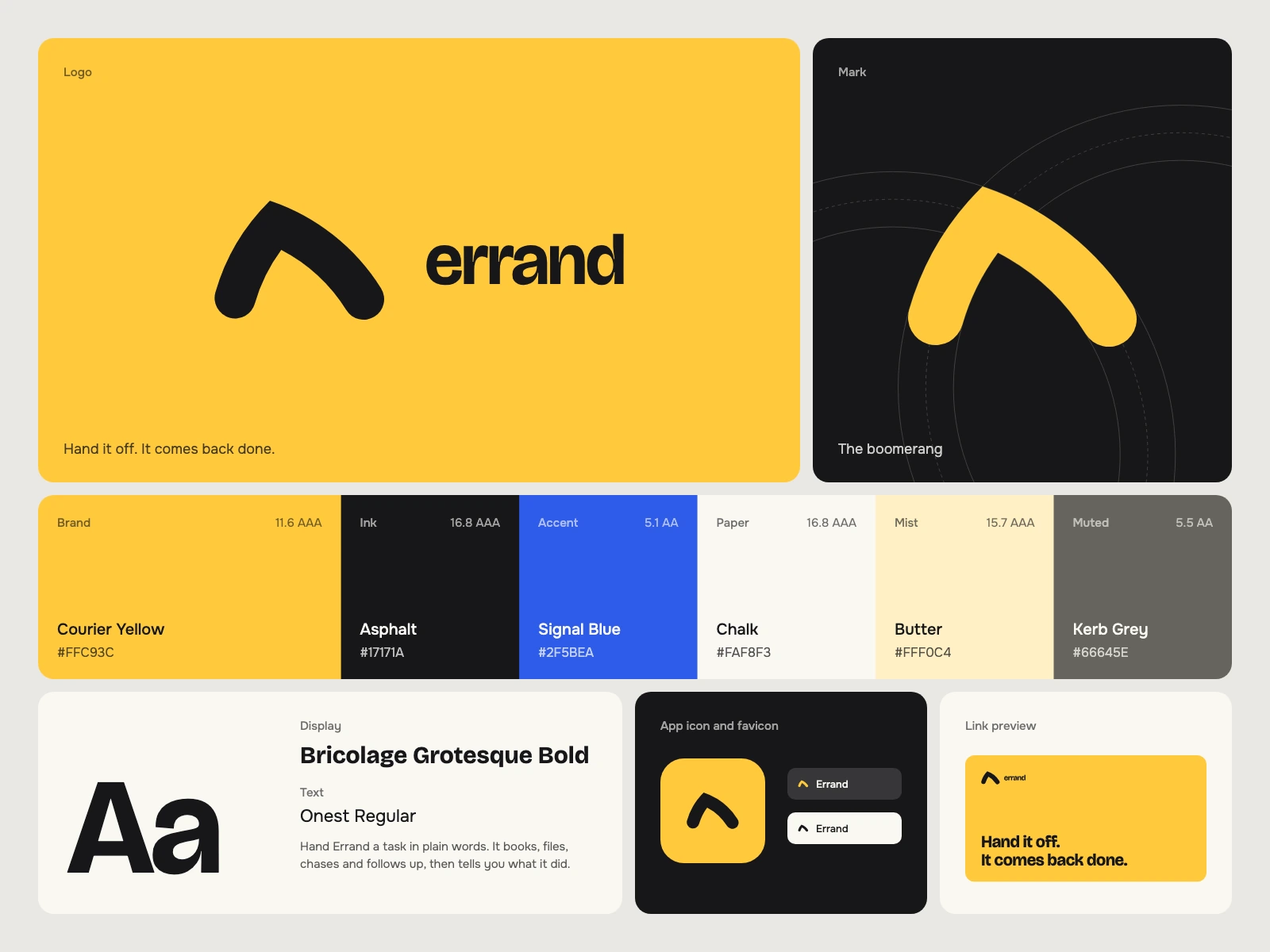Errand, a brand kit for ai agents: A boomerang: thrown out, it comes back, the way a task handed to an agent returns done; its palette, type pair, app icon and link preview