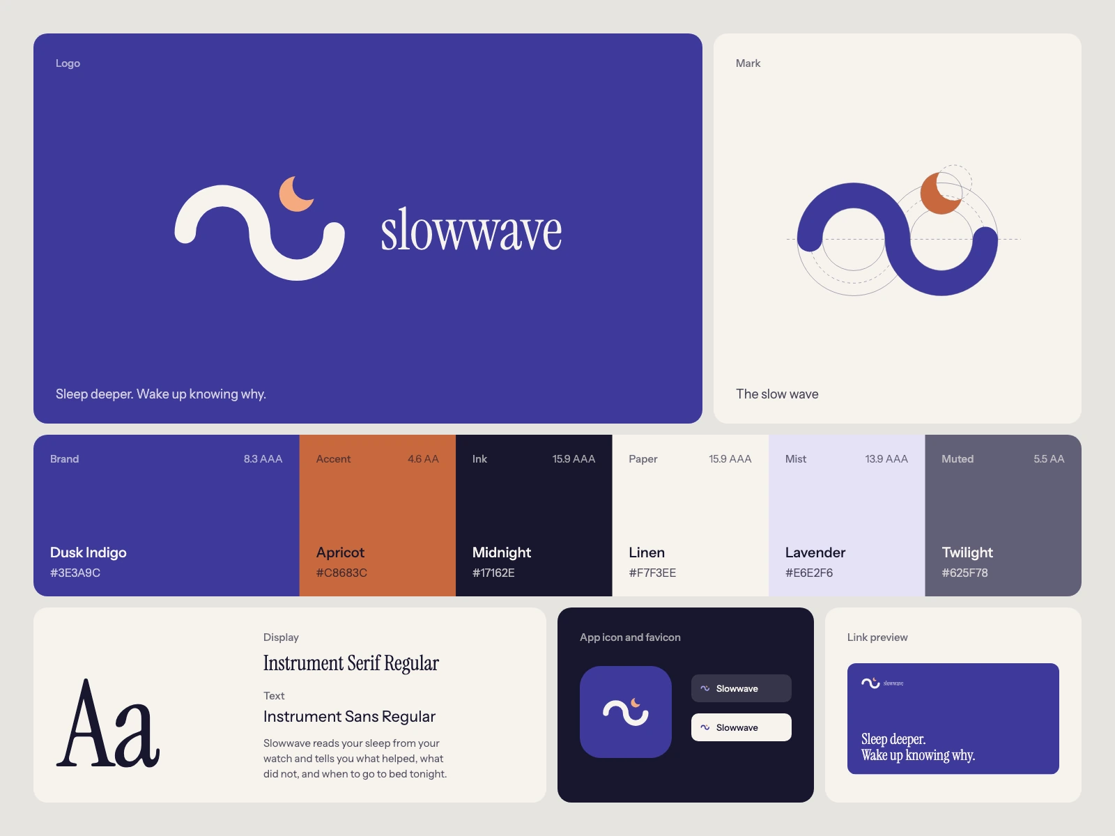 Slowwave, a brand kit for sleep and health: A slow wave, the long rise and fall of deep sleep, with the new moon resting in its hollow; its palette, type pair, app icon and link preview