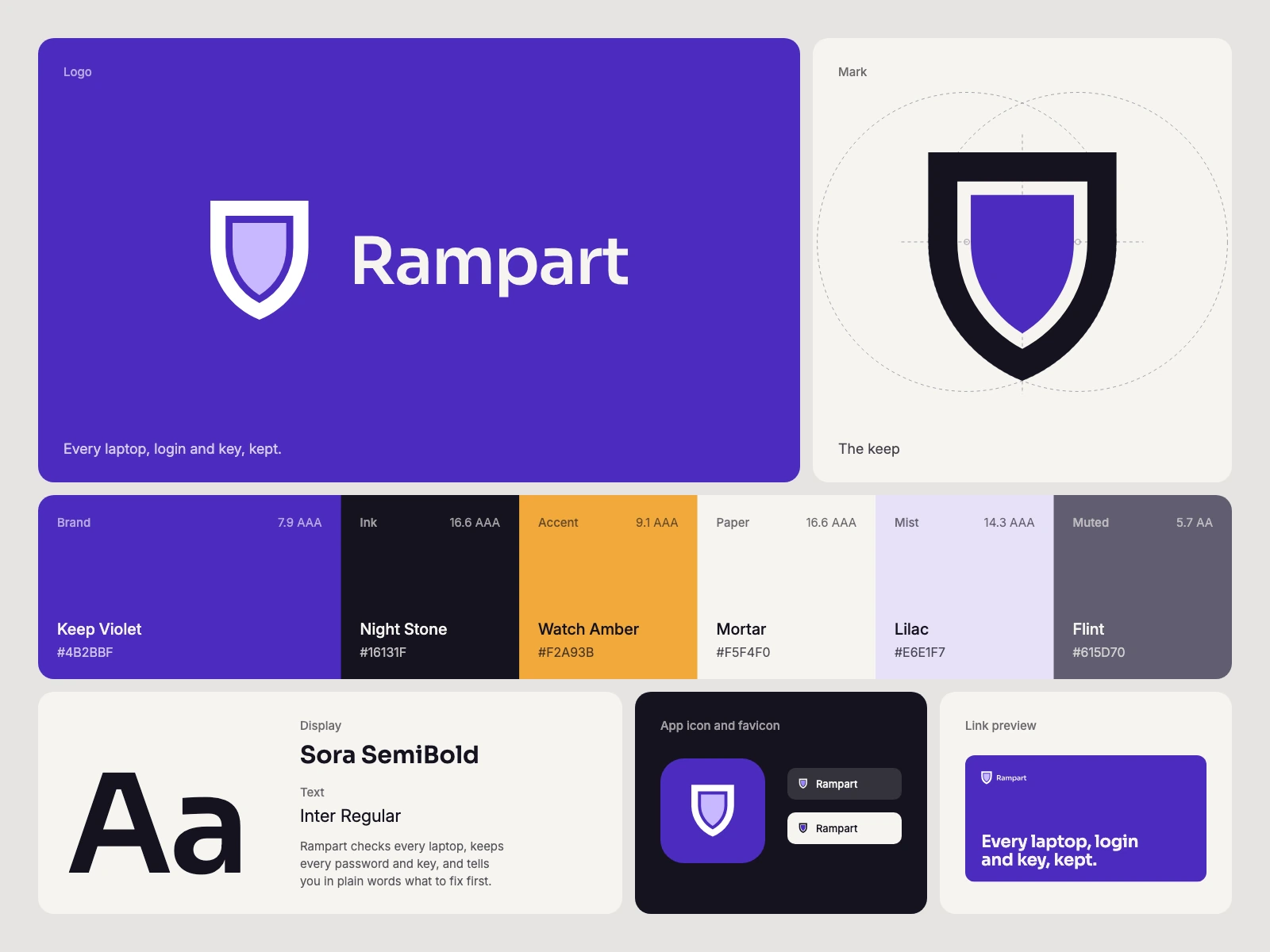 Rampart, a brand kit for security: A shield inside a shield: defence in layers, the wall and the keep, every edge of one parallel to the other; its palette, type pair, app icon and link preview