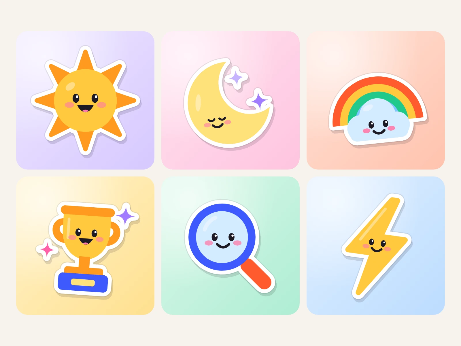 Six stickers large, each on a wash of colour: sun, moon, rainbow, trophy, magnifying glass, lightning bolt