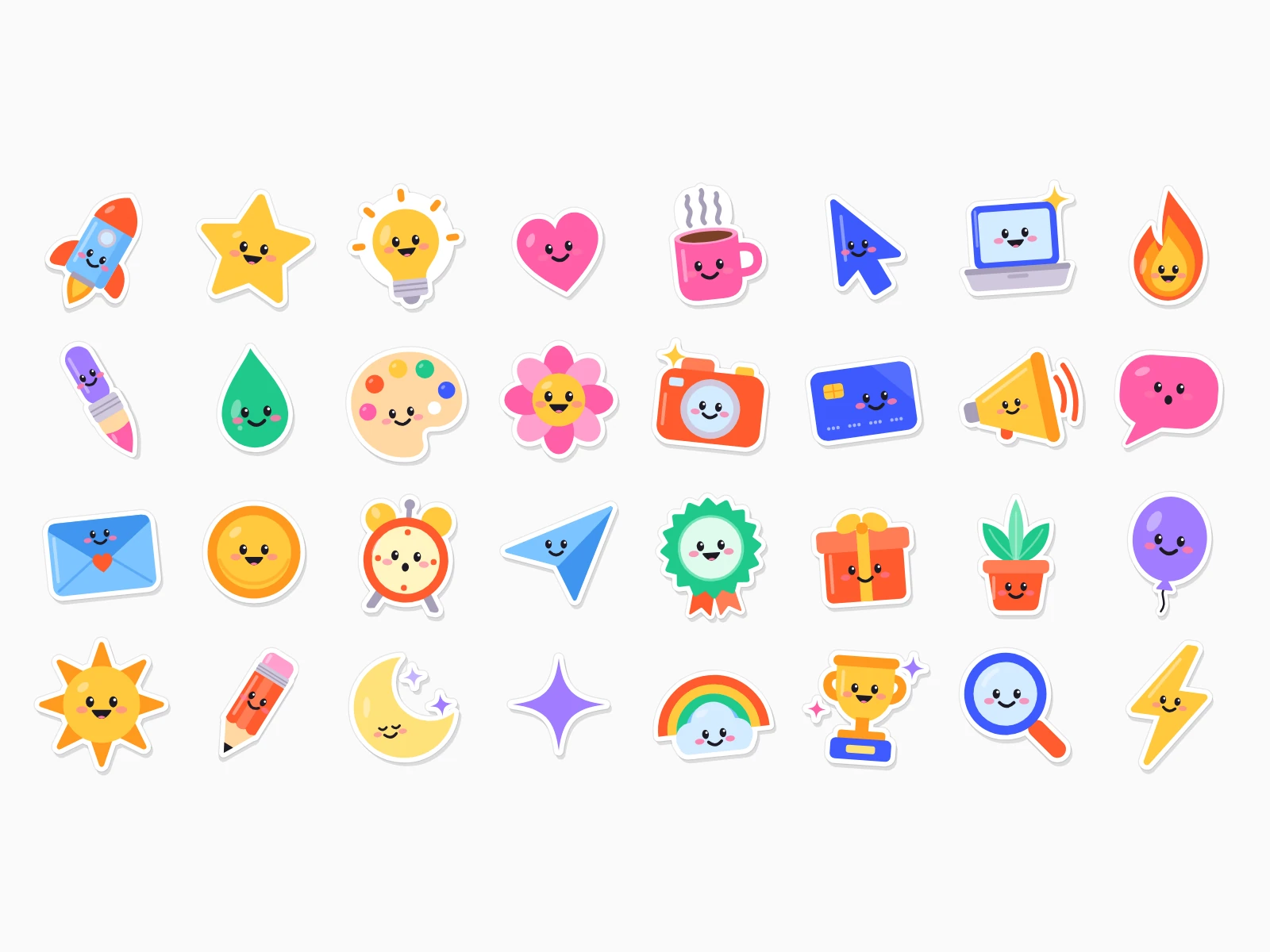 All 32 animated stickers on a light page: rocket, star, light bulb, heart, coffee, cursor, laptop, flame, paintbrush, paint drop, paint palette, flower, camera, card, megaphone, speech bubble, envelope, coin, alarm clock, paper plane, badge, gift, plant, balloon, sun, pencil, moon, spark, rainbow, trophy, magnifying glass, lightning bolt