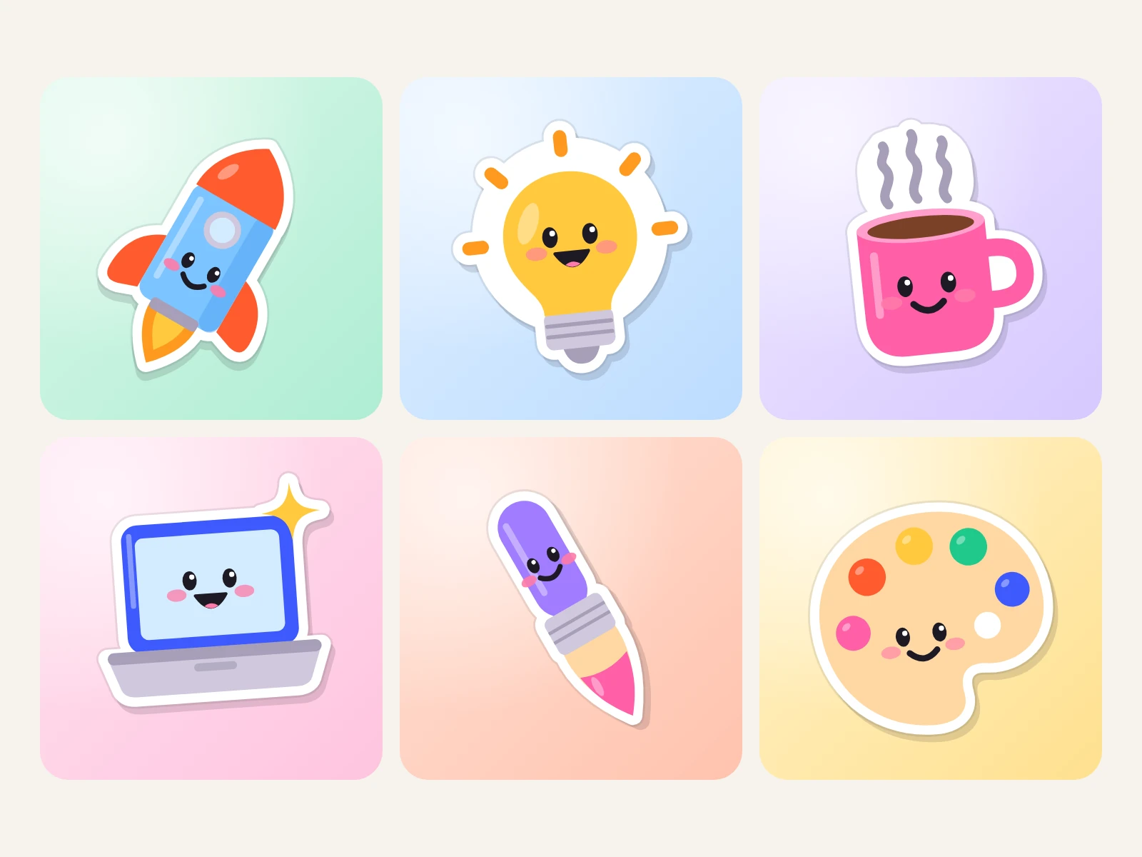 Six stickers large, each on a wash of colour: rocket, light bulb, coffee, laptop, paintbrush, paint palette