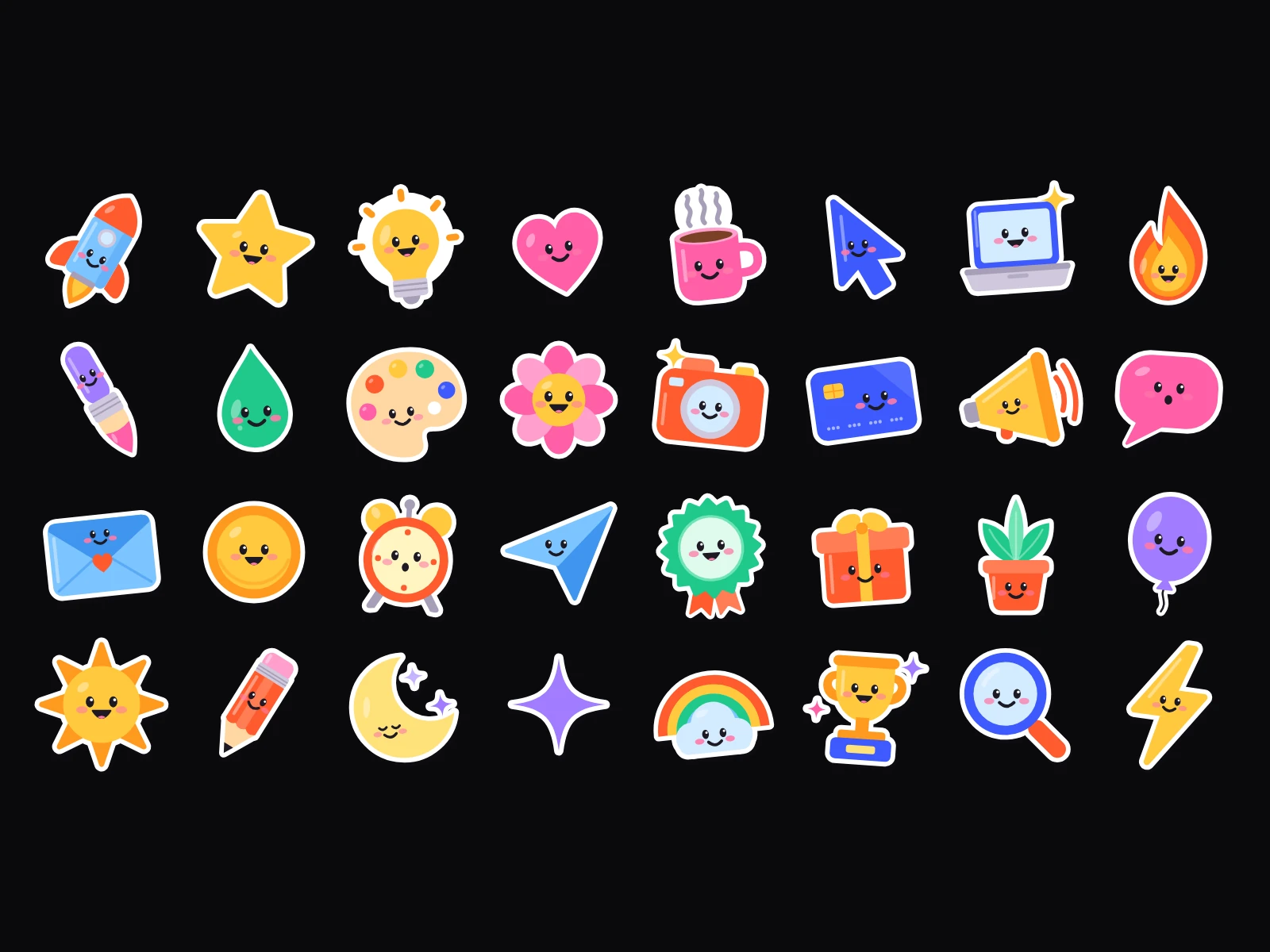 The same 32 stickers on a near-black page, their white die-cut border round each