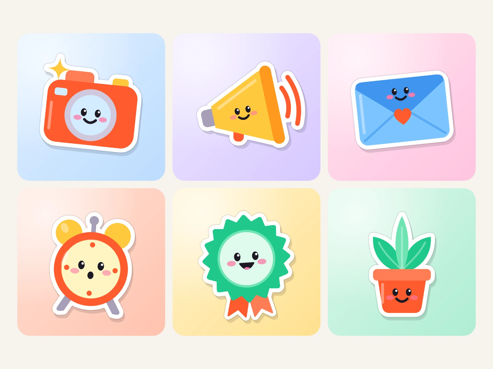 Six stickers large, each on a wash of colour: camera, megaphone, envelope, alarm clock, badge, plant