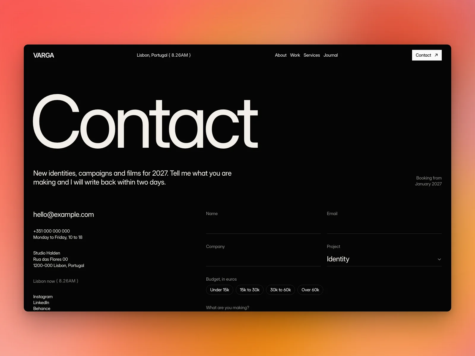 Contact: the details and a form Framer sends for you