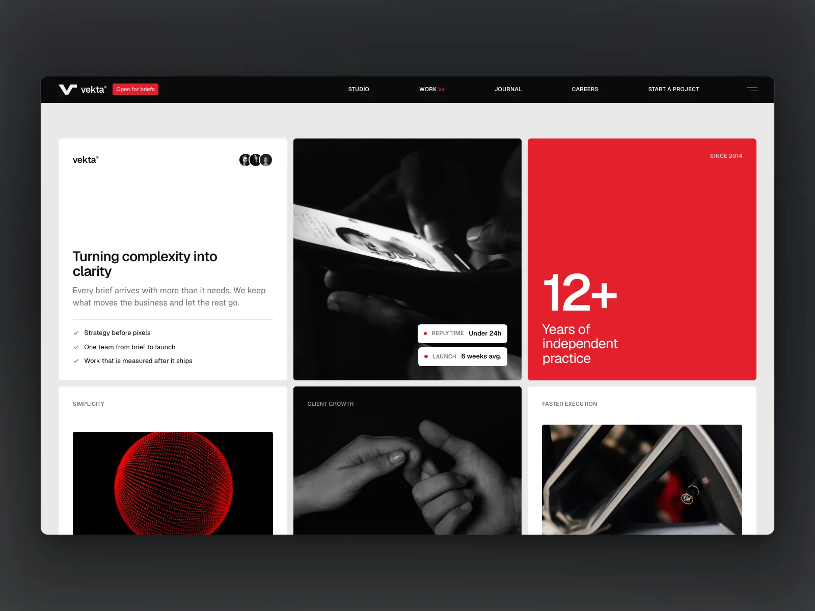 Why us: six cards, from the studio's method to its results