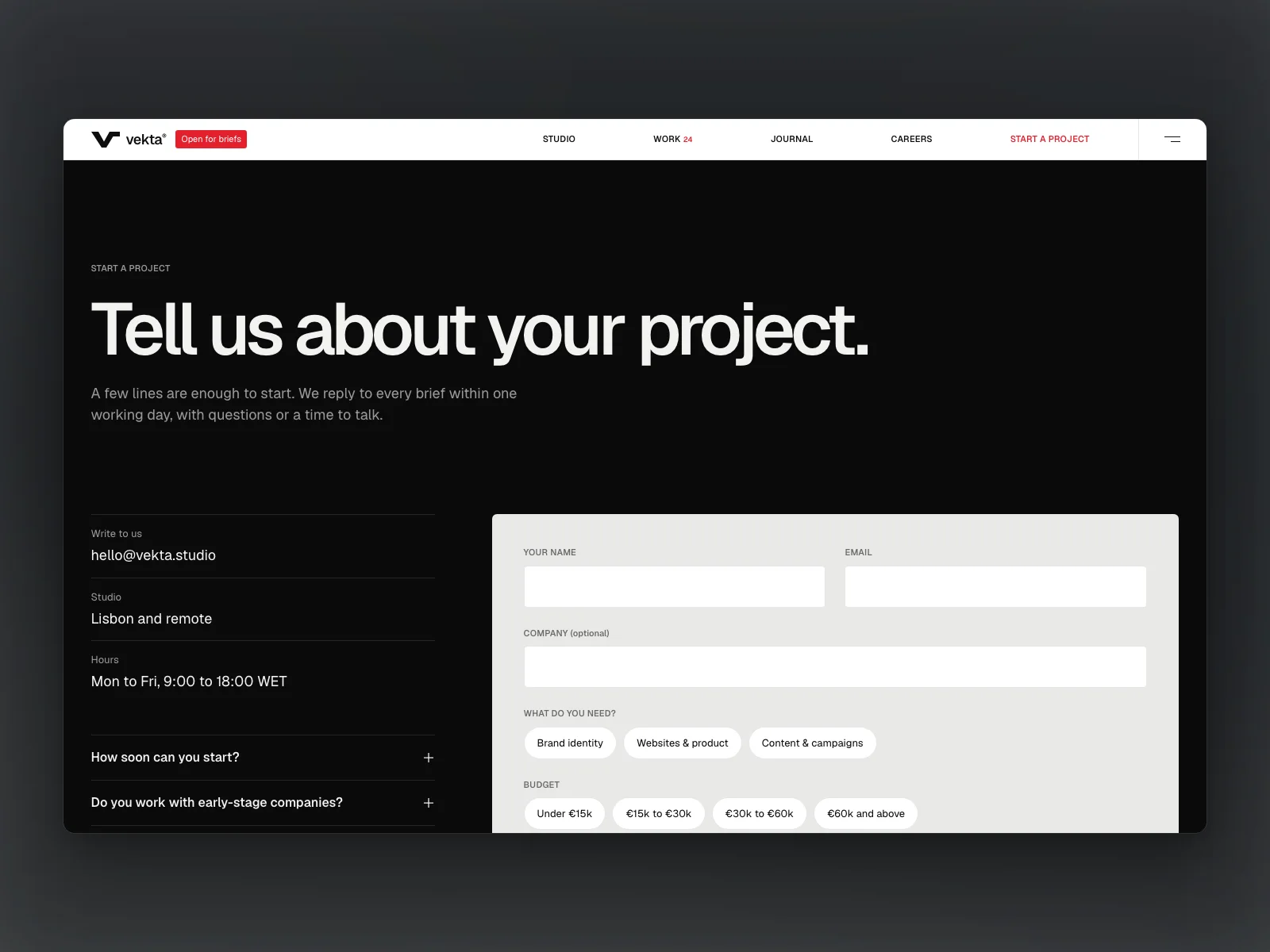 Start a project: the brief form with services, budgets and timing